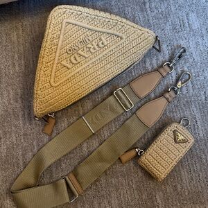 Prada Tan Crochet Triangle Bag with Strap and Pouch